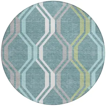 8' Teal Blue Gray And Ivory Round Geometric Washable Indoor Outdoor Area Rug