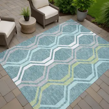 8' X 10' Teal Blue Gray And Ivory Geometric Washable Indoor Outdoor Area Rug
