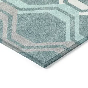 8' X 10' Teal Blue Gray And Ivory Geometric Washable Indoor Outdoor Area Rug