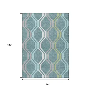8' X 10' Teal Blue Gray And Ivory Geometric Washable Indoor Outdoor Area Rug