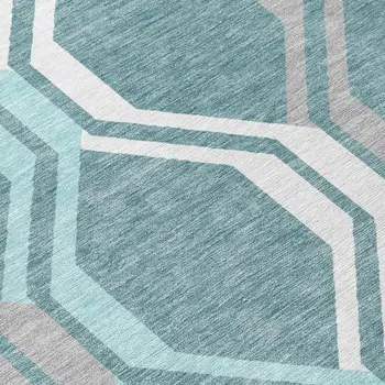 8' X 10' Teal Blue Gray And Ivory Geometric Washable Indoor Outdoor Area Rug