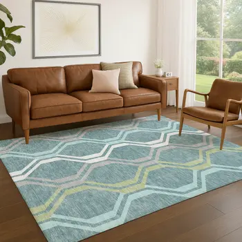 8' X 10' Teal Blue Gray And Ivory Geometric Washable Indoor Outdoor Area Rug