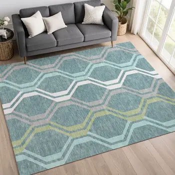 8' X 10' Teal Blue Gray And Ivory Geometric Washable Indoor Outdoor Area Rug