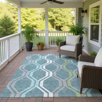 8' X 10' Teal Blue Gray And Ivory Geometric Washable Indoor Outdoor Area Rug