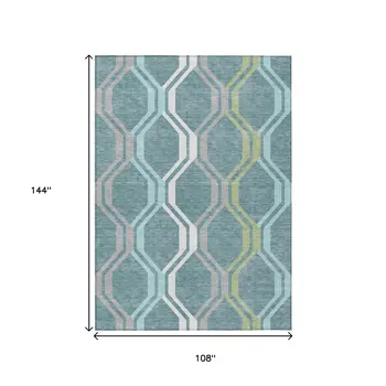 9' X 12' Teal Blue Gray And Ivory Geometric Washable Indoor Outdoor Area Rug