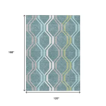 10' X 14' Teal Blue Gray And Ivory Geometric Washable Indoor Outdoor Area Rug