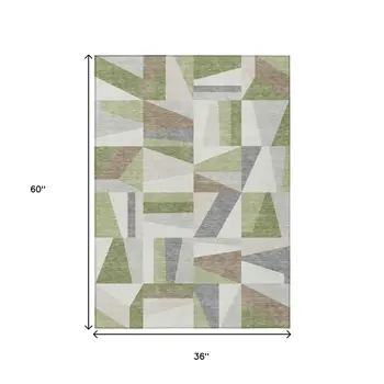 3' X 5' Artichoke Green Ivory And Taupe Geometric Washable Indoor Outdoor Area Rug