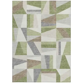 5' X 8' Artichoke Green Ivory And Taupe Geometric Washable Indoor Outdoor Area Rug