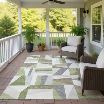 5' X 8' Artichoke Green Ivory And Taupe Geometric Washable Indoor Outdoor Area Rug