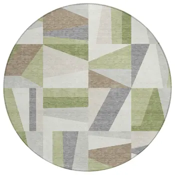 8' Artichoke Green Ivory And Taupe Round Geometric Washable Indoor Outdoor Area Rug