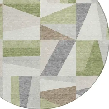 8' Artichoke Green Ivory And Taupe Round Geometric Washable Indoor Outdoor Area Rug
