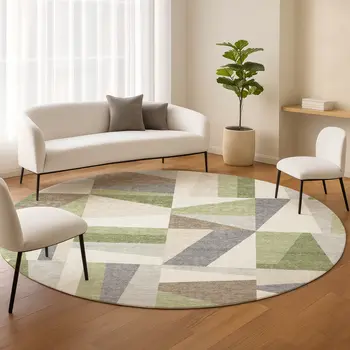 8' Artichoke Green Ivory And Taupe Round Geometric Washable Indoor Outdoor Area Rug