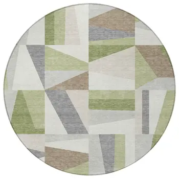 8' Artichoke Green Ivory And Taupe Round Geometric Washable Indoor Outdoor Area Rug