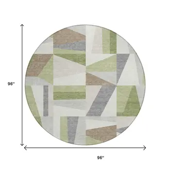 8' Artichoke Green Ivory And Taupe Round Geometric Washable Indoor Outdoor Area Rug
