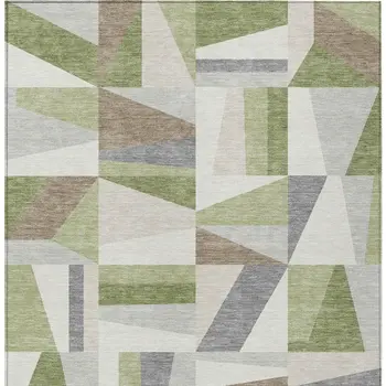 9' X 12' Artichoke Green Ivory And Taupe Geometric Washable Indoor Outdoor Area Rug