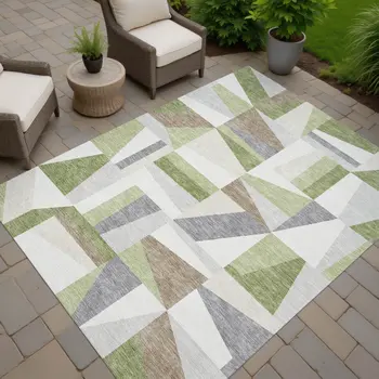 9' X 12' Artichoke Green Ivory And Taupe Geometric Washable Indoor Outdoor Area Rug