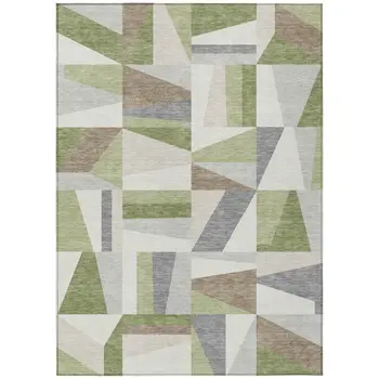 9' X 12' Artichoke Green Ivory And Taupe Geometric Washable Indoor Outdoor Area Rug