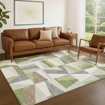 9' X 12' Artichoke Green Ivory And Taupe Geometric Washable Indoor Outdoor Area Rug