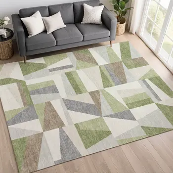 9' X 12' Artichoke Green Ivory And Taupe Geometric Washable Indoor Outdoor Area Rug