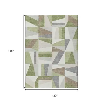 10' X 14' Artichoke Green Ivory And Taupe Geometric Washable Indoor Outdoor Area Rug