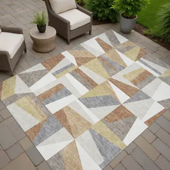 3' X 5' Beige Rust And Taupe Geometric Washable Indoor Outdoor Area Rug