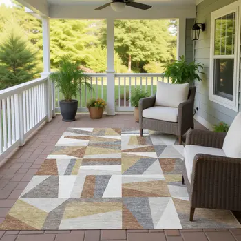 3' X 5' Beige Rust And Taupe Geometric Washable Indoor Outdoor Area Rug