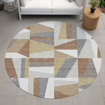 8' Beige Rust And Taupe Round Geometric Washable Indoor Outdoor Area Rug