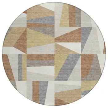 8' Beige Rust And Taupe Round Geometric Washable Indoor Outdoor Area Rug
