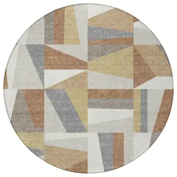 8' Beige Rust And Taupe Round Geometric Washable Indoor Outdoor Area Rug