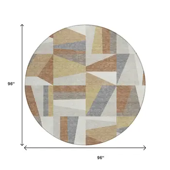 8' Beige Rust And Taupe Round Geometric Washable Indoor Outdoor Area Rug