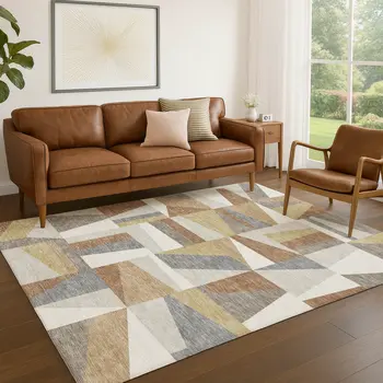 8' X 10' Beige Rust And Taupe Geometric Washable Indoor Outdoor Area Rug
