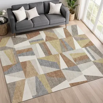 8' X 10' Beige Rust And Taupe Geometric Washable Indoor Outdoor Area Rug