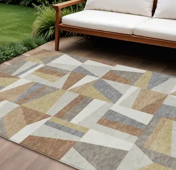 9' X 12' Beige Rust And Taupe Geometric Washable Indoor Outdoor Area Rug