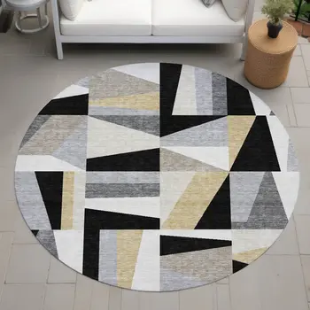 8' Black Wheat And Ivory Round Geometric Washable Indoor Outdoor Area Rug