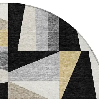 8' Black Wheat And Ivory Round Geometric Washable Indoor Outdoor Area Rug