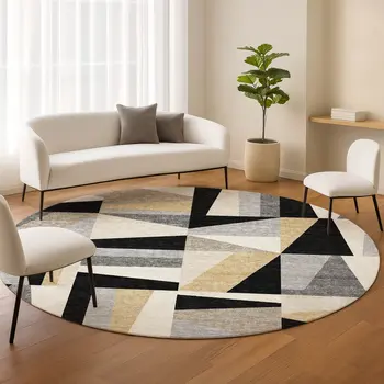 8' Black Wheat And Ivory Round Geometric Washable Indoor Outdoor Area Rug