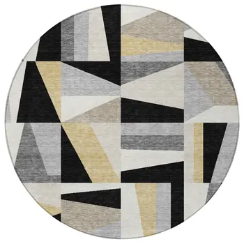 8' Black Wheat And Ivory Round Geometric Washable Indoor Outdoor Area Rug
