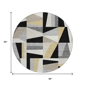 8' Black Wheat And Ivory Round Geometric Washable Indoor Outdoor Area Rug