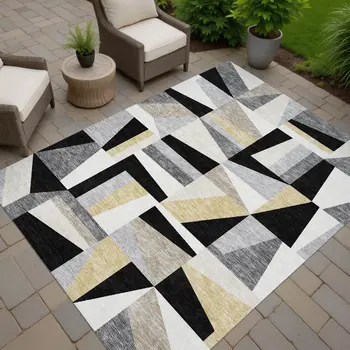 10' X 14' Black Wheat And Ivory Geometric Washable Indoor Outdoor Area Rug
