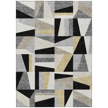 10' X 14' Black Wheat And Ivory Geometric Washable Indoor Outdoor Area Rug