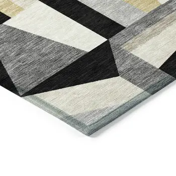 10' X 14' Black Wheat And Ivory Geometric Washable Indoor Outdoor Area Rug