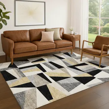 10' X 14' Black Wheat And Ivory Geometric Washable Indoor Outdoor Area Rug
