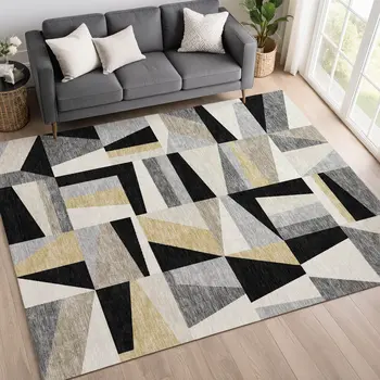 10' X 14' Black Wheat And Ivory Geometric Washable Indoor Outdoor Area Rug