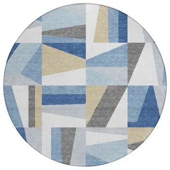 8' Blue Wheat And Ivory Round Geometric Washable Indoor Outdoor Area Rug