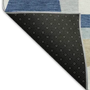 8' Blue Wheat And Ivory Round Geometric Washable Indoor Outdoor Area Rug