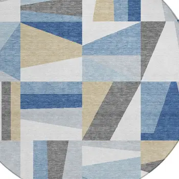 8' Blue Wheat And Ivory Round Geometric Washable Indoor Outdoor Area Rug