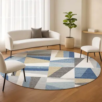 8' Blue Wheat And Ivory Round Geometric Washable Indoor Outdoor Area Rug