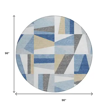 8' Blue Wheat And Ivory Round Geometric Washable Indoor Outdoor Area Rug