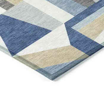 8' X 10' Blue Wheat And Ivory Geometric Washable Indoor Outdoor Area Rug