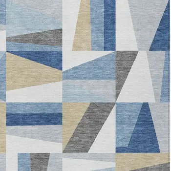 8' X 10' Blue Wheat And Ivory Geometric Washable Indoor Outdoor Area Rug